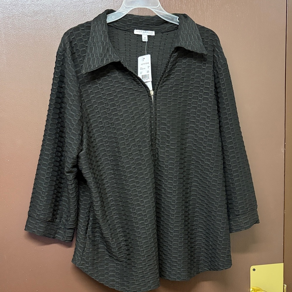 Notations Woman Textured Black Collared Knit Top